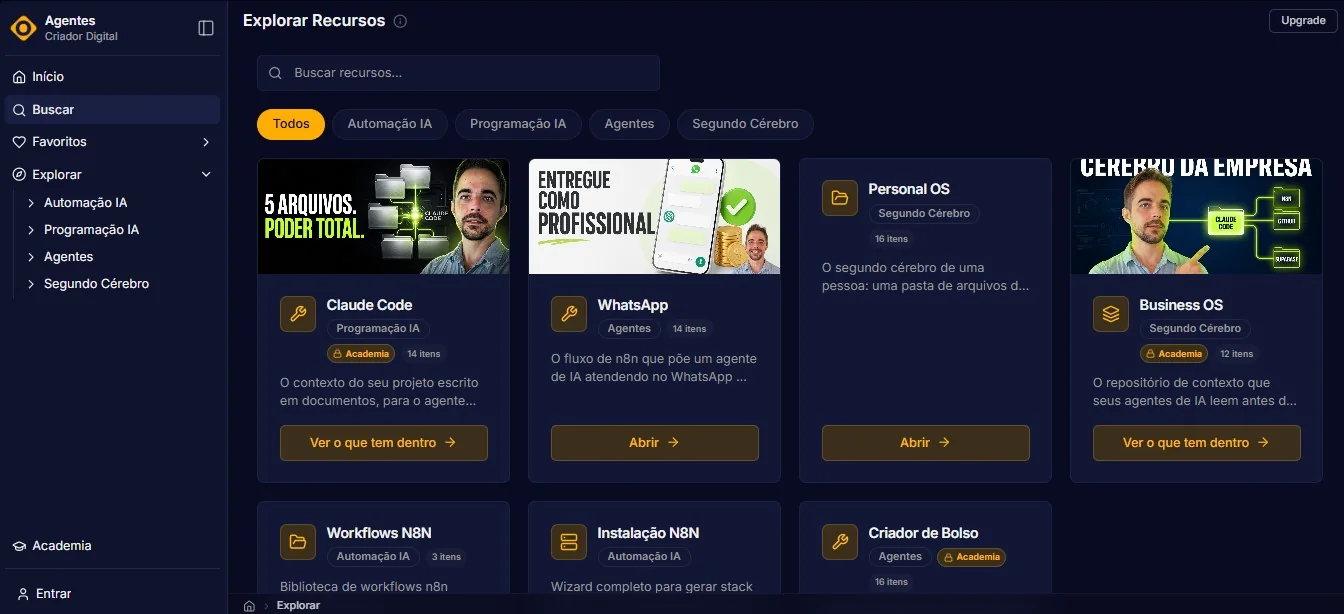 Área de membros do Criador Digital na aba de recursos, com os materiais organizados por categoria: Claude Code, WhatsApp, Personal OS, Business OS, workflows de n8n e Criador de Bolso, cada um com o número de itens dentro.